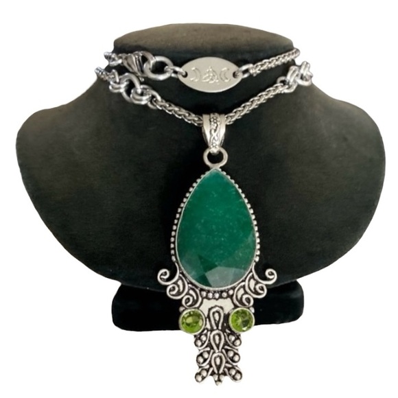 925 sterling silver overlay green emerald & peridot stones boho silver necklace - Picture 4 of 13